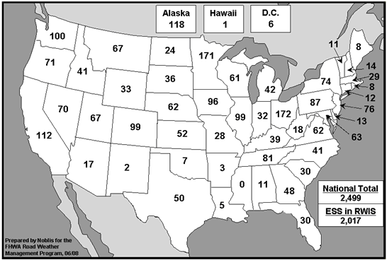 This national map depicts the number of Environmental Sensor Stations (ESS) owned by state transportation agencies.  These agencies own 2,499 Environmental Sensor Stations, which are sites with one or more sensors measuring atmospheric, pavement and/or water level conditions.  The count for each state is shown in a box within the state boundaries.