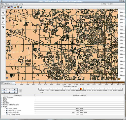 Figure 2. This is a screen capture of the Vehicle Data Translator, showing a map of the road networks, and overlaying the road weather data onto the map.