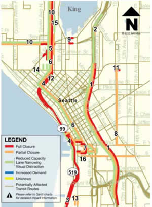 Map of the Seattle region, created by the Construction Impact Analysis tool. The map shows the location of full closures, partial closures, lanes with reduced capacity, narrowed lanes, roads with visual distractions, roads with increased demand, potentially affected transit routes, and areas with unknown impacts. The map legend says to please refer to Gantt charts for detailed impact information.