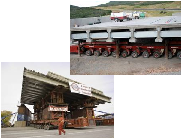 Two photos of preconstructed slide in bridges being transported by extremely large wheeled vehicles in preparation for sliding the structures into place.