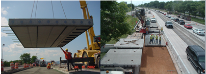Prefabricated concrete panels being placed on prepared bridge structures.