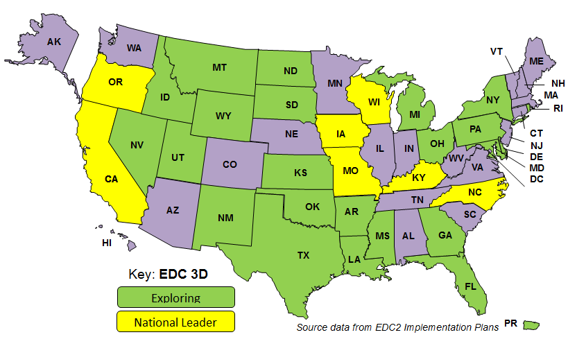 Map of U.S. indicating which states are exploring or are national leaders in 3D engineered models for construction.