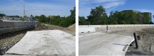 Two photos showing both sides of an existing Tollway ramp where the ramp was being reconstructed on a new path in 2008. Both photos show the new ramp sections built up to either side of the existing ramp using a current standard cast-in-place method.