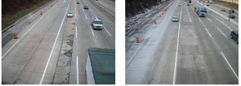 Two side-by-side photos. Left photo shows a long stretch of shattered slabs in the middle of our Tri-State or I-294 corridor.  The photo on the right shows the repaired pavements after precast patching was applied. 