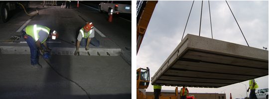 Two photos of workers preparing and installing precast slabs.