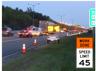 A variable message sign indicating a speed limit of 45 mph. An inset indicates the speed limit in the work zone is 45 mph.