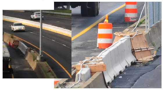 Photos depict emergency access points that are blocked by temporary jersey barriers.