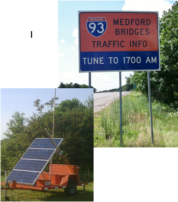An information sign for drivers advising them of the highway advisory radio frequency they can tune to for traveler information and a photo depicting a solar panel used to power a portable message sign.