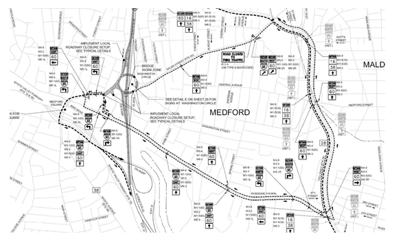 Map of local detour route in Medford area.