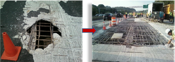 Photos of a badly degraded bridge deck with steel beams and rebar exposed through surface holes.
