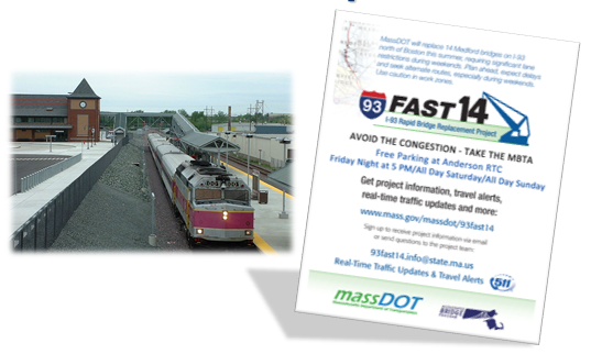 Train at a rail station and a screenshot of an informational flyer encouraging motorists to use public transportation and the associated free parking to avoid the construction area.