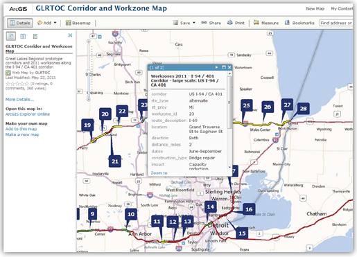 Screenshot of an ArcGIS-generated GLRTOC Corridor and Workzone Map.