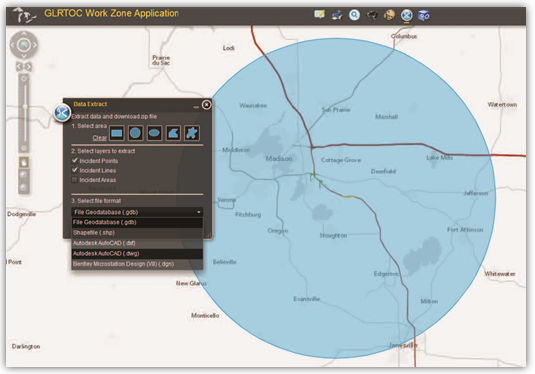 Screenshot the GLRTOC work zone application.