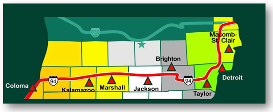 Map depicts the I-94 corridor from Caloma, Michigan, through MacComb-St. Clair, Michigan.