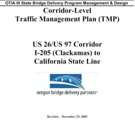 Screenshot of the cover of the Corridor-Level Traffic Management Plan for the US 26/US 97 Corridor I-205 (Clackamas) to the California State Line, by Oregon Bridge Delivery Partners.