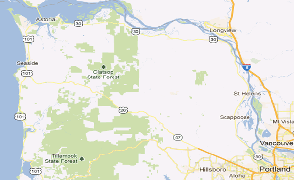 Map of the northwest section of the state of Oregon.