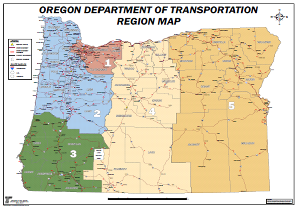 ODOT Map divides the state of Oregon into 5 regions.