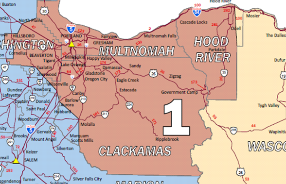 Map of ODOT region 1, which includes the counties of Washington, Multnomah, Hood River, and Clackamas.