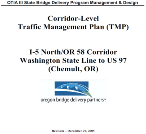 Screenshot of the copver page of the Corridor-Level Traffic Management Plan for I-5 North/OR 58 Corridor, Washington State Line to US 97 (Chemult, OR) by Oregon Bridge Delivery Partners.