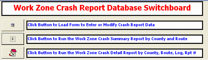 work zone crash report database switchboard