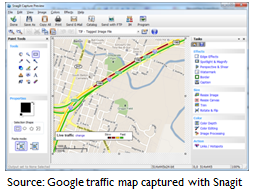 Screenshot of a Google traffic map. Source: Google traffic map captured with Snagit.