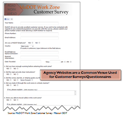 Clip of the MoDOT Work Zone Customer Survey. A note advises that Agency Websites are a Common Venue Used for Customer Surveys/Questionnaires. Source: MoDOT Work Zone Customer Survey.  Missouri DOT.