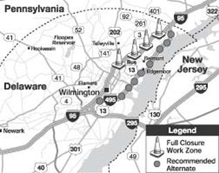 Figure 1 - Full closure of I-95 with alternate route (I-495) recommended. The map shows the closure of Interstate 95 between the northern edge of Wilmington and the Delaware–Pennsylvania border. A row of safety cones depicts the closure. Along the Interstate 495 corridor, a series of gray circles depicts the recommended alternate route.