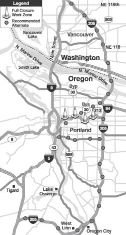 Figure 1 - Closure and recommended alternate routes 
for the I-84 project. The figure contains a map of the Portland, Oregon metropolitan area from Vancouver, Washington in the north to Oregon City in the south and from Hillsboro, Oregon in the west to Gresham, Oregon in the east. The map shows the closure of Interstate 84 between downtown Portland and Interstate 205. A row of safety cones depicts the closure. Along the Interstate 205 corridor and along Highway 26 (Powell Street), a series of gray circles depict the recommended alternate route. 