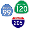 Highway sheilds for Route 99, California 120, and Interstate 205