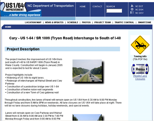screenshot of US 1 project Web page showing information for Cary-US Route 1-64/SR 1009 (Tryon Road) Interchange to South of I-40 with project description and photo
