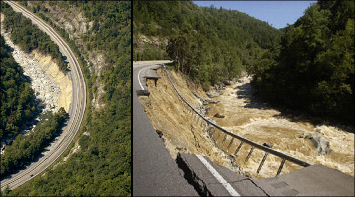 photo collage of sections of curving highway that have fallen into the river below