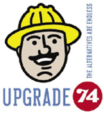 Logo with a smiling face wearing a hardhat and text that reads, Upgrade 74, The Alternatives Are Endless