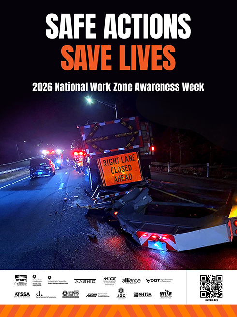 Poster for 2026 National Work Zone Awareness Week showing a nighttime highway crash scene involving a vehicle and a work‑zone truck with a sign reading ‘Right Lane Closed Ahead.’ The poster headline reads ‘Safe Actions Save Lives.’ Logos of participating organizations appear along the bottom.