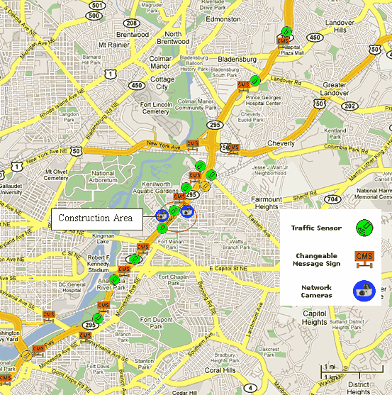 Map of the construction area along the DC-295 work zone