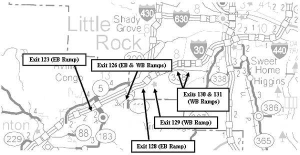Map of part of I-30, showing exit 123 eastbound ramp, exit 126 eastbound and westbound ramps, exit 128 eastbound ramp, exit 129 westbound ramp, and exits 130 and 131 westbound ramps
