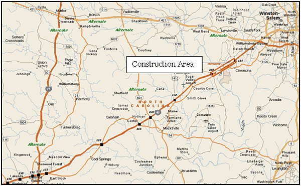 Map of the I-40 work zone area and signed alternate routes