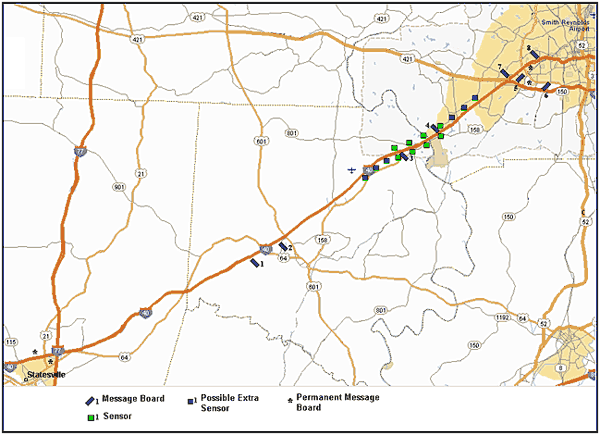 Map of the redesigned I-40 work zone area showing message boards, permanent message boards, sensors, and possible extra sensors