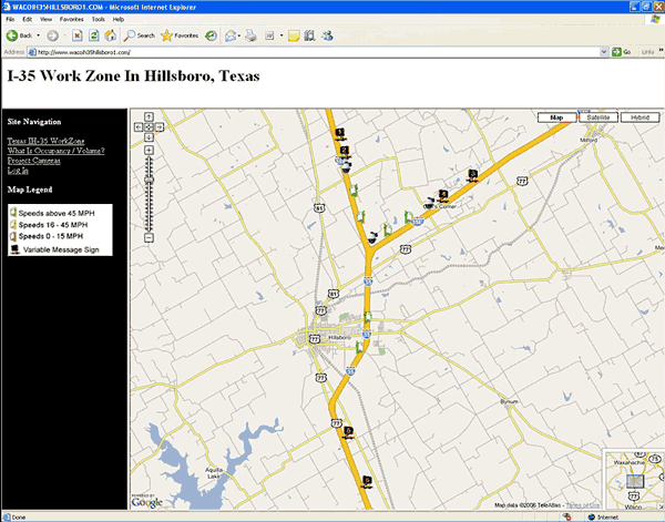 Screenshot showing a map of the I-35 work zone and signed alternate routes in Hillsboro, Tx.