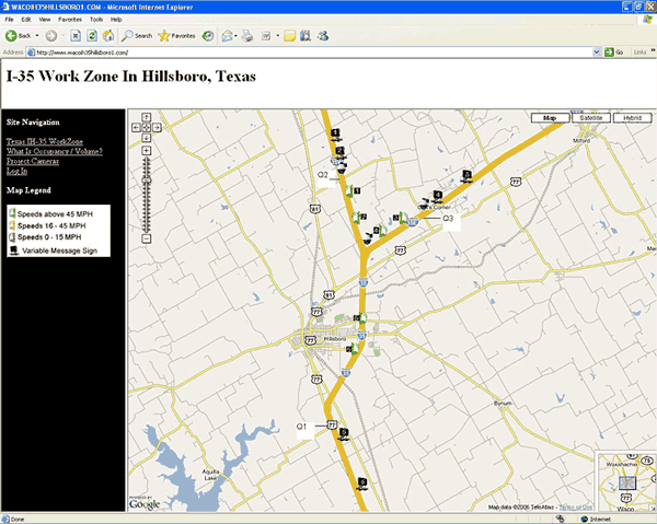 Screenshot showing a map of the I-35 work zone with data collection sensors and variable message signs in Hillsboro, Tx.