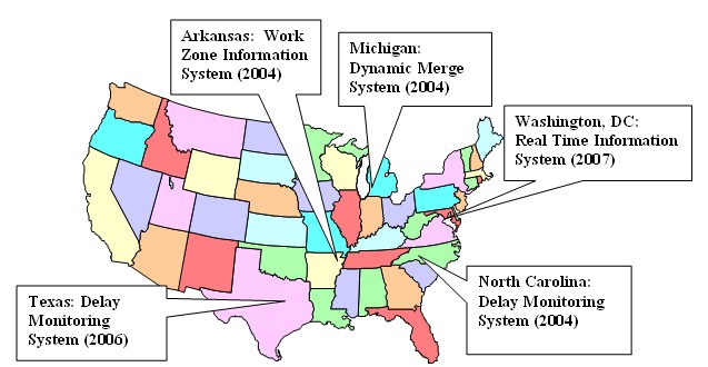 Map of the US showing ITS work zone evaluation sites, including: Arkansas' Work Zone Information System (2004); Michigan's Dynamic Merge System (2004); Washington, DC's Real Time Information System (2007); North Carolina's Delay Monitoring System (2004) and Texas' Delay Monitoring System (2006).