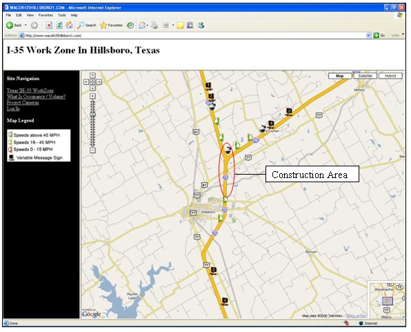 Screenshot showing a map of the I-35 work zone and signed alternate routes in Hillsboro, Tx.