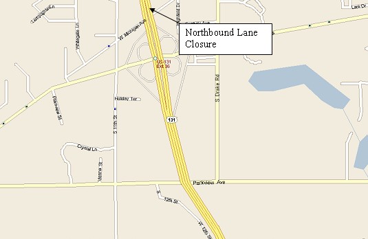 Road map showing locations of the dynamic lane merge system on US-131 in Kalamazoo, MI.