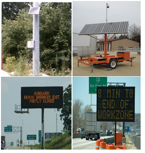 Portable and permanent message boards displaying work zone information messages.