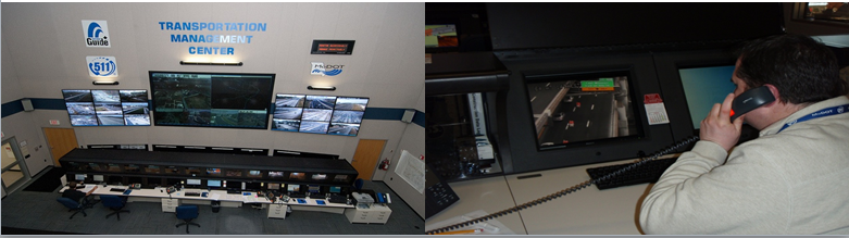 One photo of a bank of wall-mounted TMC monitors and one of a staff person manning a computer terminal in a TMC.