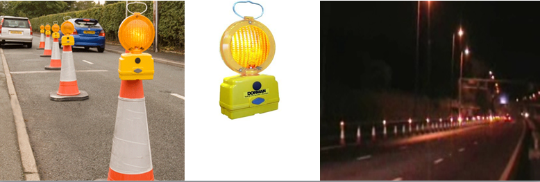 Collage depicting sequential lights on cones creating a taper to close a travel lane in a work zone, a single yellow beacon, and a nighttime work zone equipped with sequential lighting.