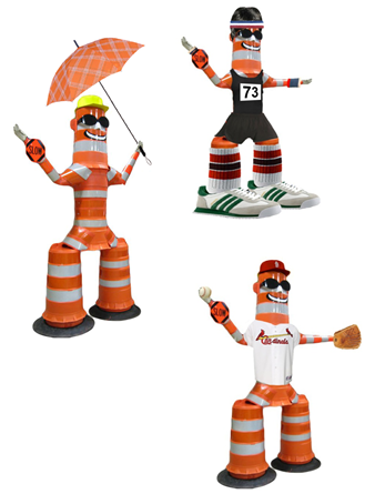 Three versions of the Barrel Bob character. The character is made up of orange work zone barrels and conveys the message for drivers to slow down in work zones.
