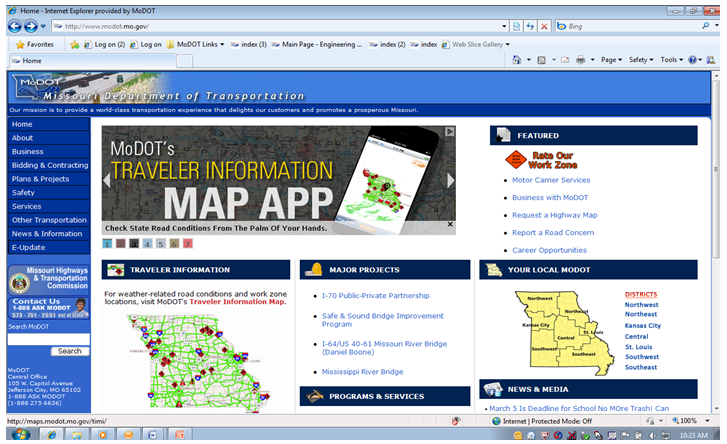 Screenshot of MoDOT's website with a banner advertising MoDOT's traveler information smart phone app.