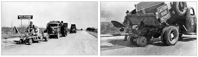 Black and white photos depicting workers doing road work in the 1930s.