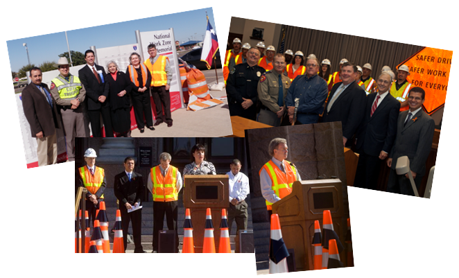 Collage of photos depicting officials at work zone safety awareness events