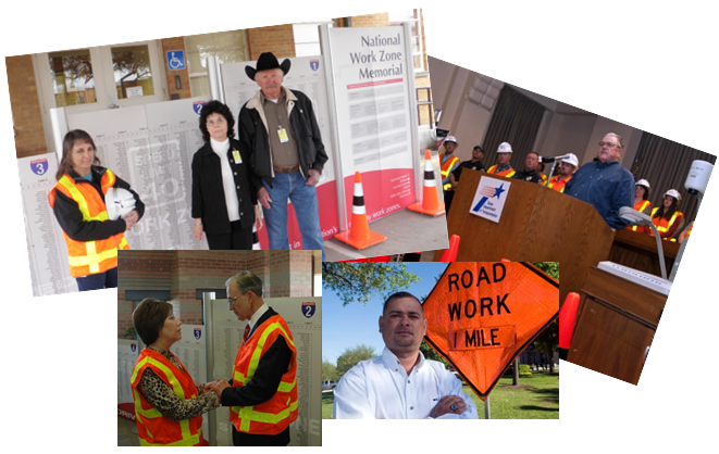 Collage of photos depicting work zone crash victims and survivors at work zone safety events